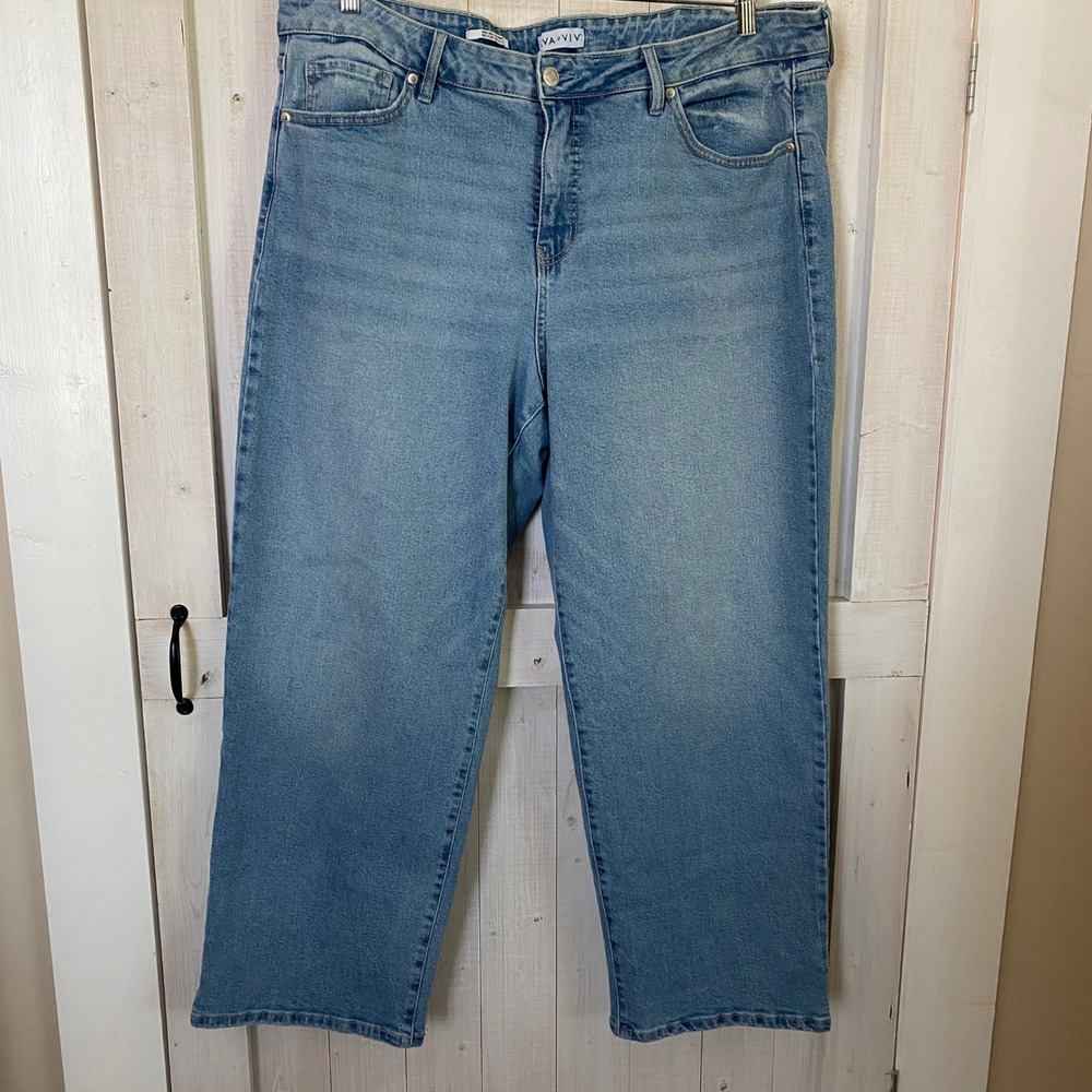 Ava & Viv High Rise Straight Leg Jeans Blue Medium Wash Distressed Plus Size